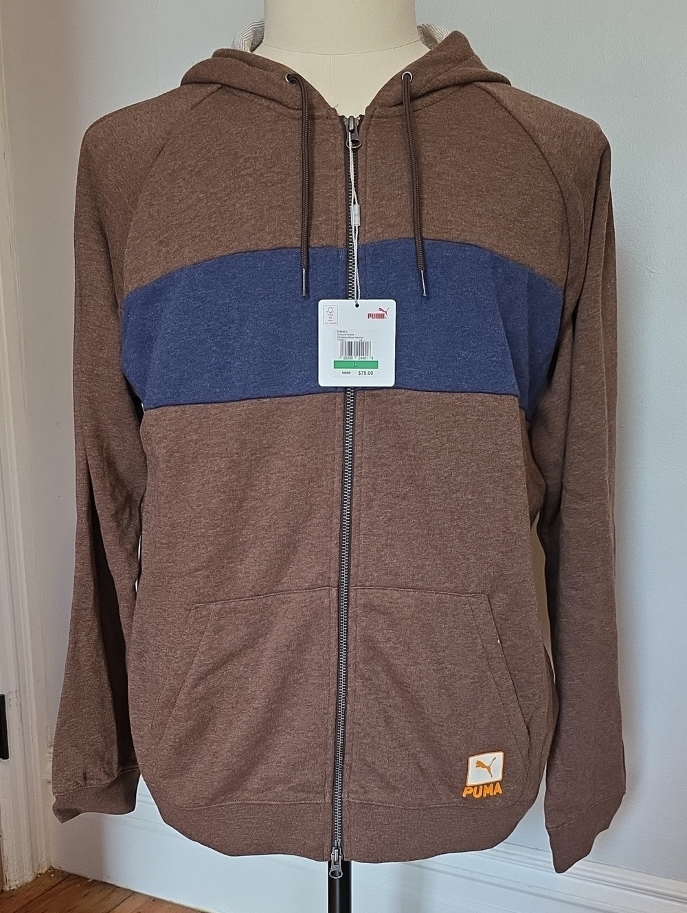 Puma Brown Zip-Up Hoodie with Blue Chest Band